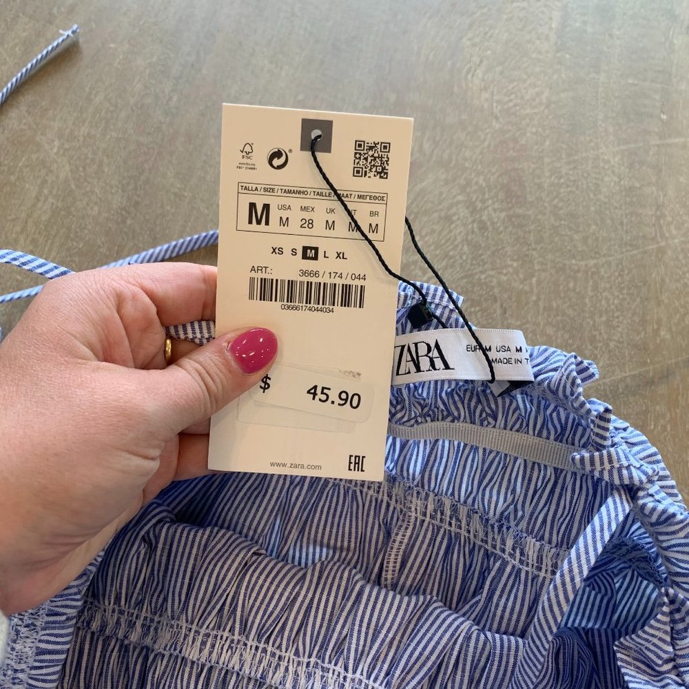 Zara Dress White and Blue Tie Shoulder